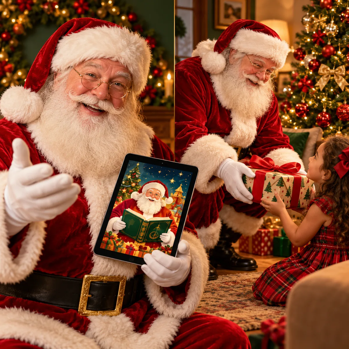 Tela dividida: Papai Noel segurando um tablet e, ao lado, entregando um presente a uma menina